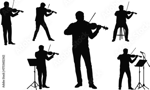 Violinist silhouette set, classical music performance, seated and standing poses, music stand, microphone, expressive posture, orchestral art, vector illustration