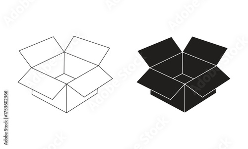 Minimalist vector illustration of two open cardboard box icons side by side, one outlined and one solid, on a clean white background