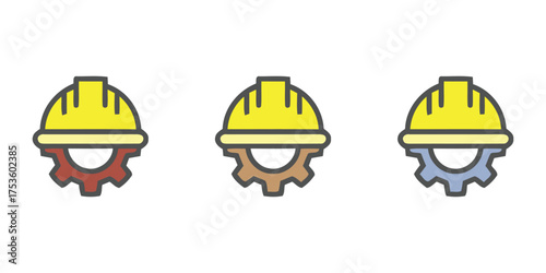 Three safety helmets or hard hats in different colors with gear accents, a colorful vector icon for construction workers, engineers, safety, and industrial occupations.