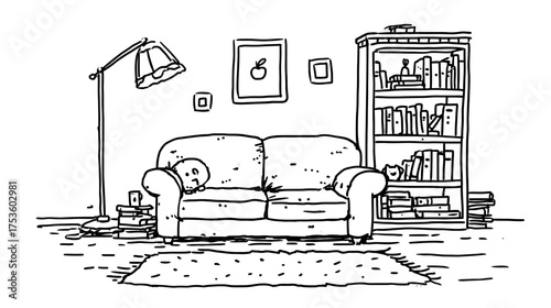 Hand-drawn black and white living room illustration with cozy sofa, floor lamp, and bookshelf. Interior home furniture sketch.