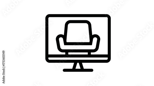 Online furniture store icon on computer monitor, e-commerce home shopping, digital interior design, virtual showroom for decor