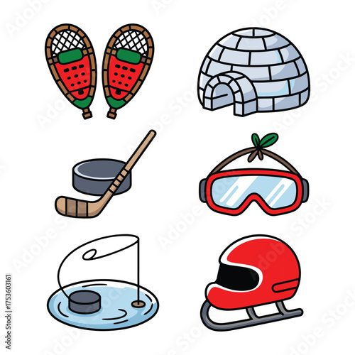 Winter Activity Clipart Set with Snow Sports, Igloo, and Ice Fishing Elements on White Background