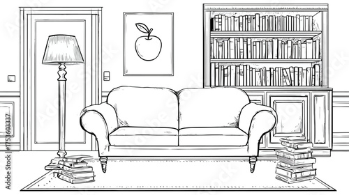 Detailed hand drawn sketch of a cozy living room interior with a comfortable sofa, full bookshelf, floor lamp, and scattered books.