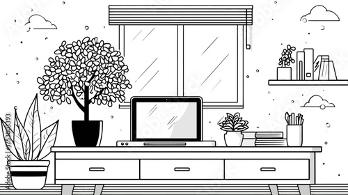 Minimalist Home Office Workspace with Laptop, Desk, and Potted Plants. Cozy Black and White Line Art Illustration.