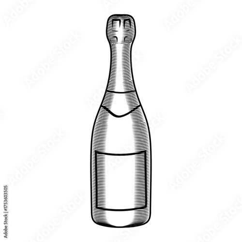 Closed glass bottle of champagne black and white vector illustration. Hand drawn prosecco and sparkling wine for menu and bar in sketch style. Festival alcoholic drink line art.