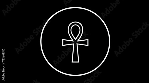 Stylized white Ankh symbol outline in a circular frame on a dark black background, representing life, eternity, and spirituality