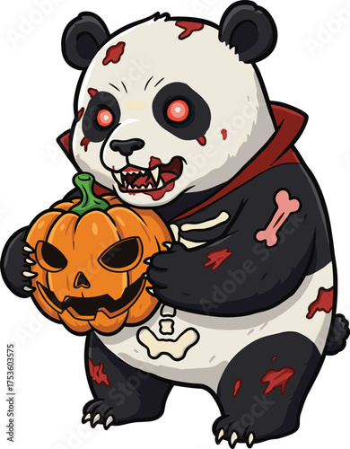 Cartoon panda in vampire costume with glowing red eyes holding angry jack-o'-lantern in Halloween vector style