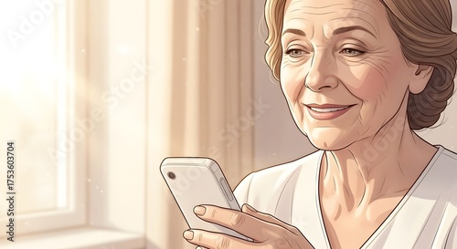 Elderly woman smiling while using smartphone in cozy indoor setting  