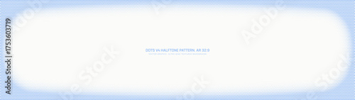 Classic halftone retro styled graphic pattern faded rounded frame ultra wide 32:9 aspect ratio white blue vector abstract background. Half tone dots panoramic ultrawide translucent design element