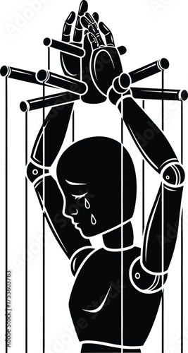 Crying puppet figure trapped by strings controlled by unseen hands symbolizing despair and lack of freedom