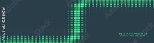 Dash grid halftone pattern curved border ultra wide 32:9 aspect ratio mint green vector conceptual abstract background. Dashed structure half tone ultrawide format retro futuristic technology concept