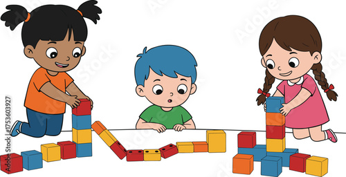 Happy children playing and learning with colorful building blocks together, developing creativity and teamwork in preschool classroom illustration