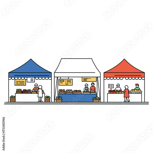 Farmers market with colorful tents and vendors selling produce  