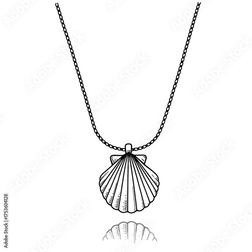 Shell pendant necklace with chain in minimalist black outline design  