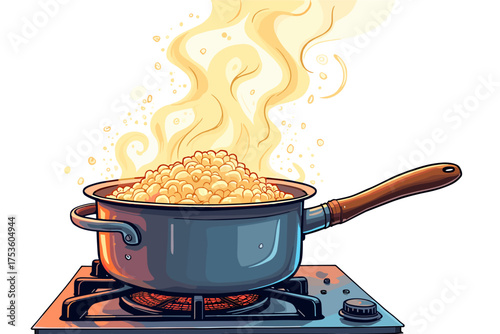 Steaming porridge cooking in a pot on a stove representing home cooking and comfort food