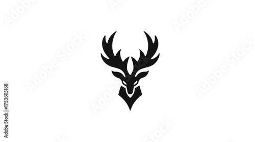 Elegant minimalist black deer or stag head icon with majestic antlers on a clean white background, modern graphic illustration design