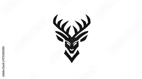 Stylized Geometric Black Stag Head with Antlers on White, Minimalist Deer Logo Design Element Icon, Abstract Wildlife Vector Graphic.