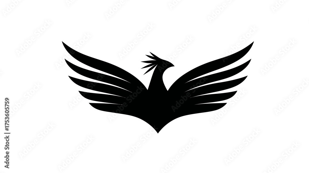 Fototapeta premium Stylized black phoenix bird silhouette with majestic spread wings. Modern abstract vector design for strength and power concepts.