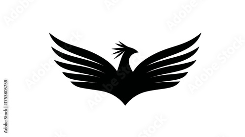Stylized black phoenix bird silhouette with majestic spread wings. Modern abstract vector design for strength and power concepts.