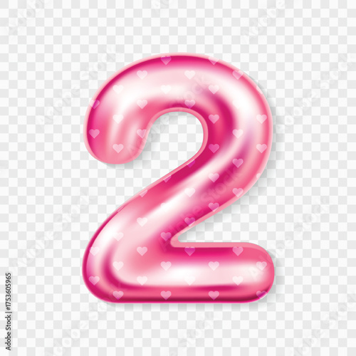 Editable 3D Pink Heart Balloon Number 2 Isolated on Transparent Background with Cute Design for Birthday or Party