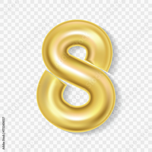 Editable realistic 3D illustration of gold balloon number 8. Gold balloon number 8 isolated. Vector Illustration of gold balloon number 8 on transparent background