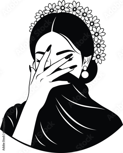 Elegant woman with flower crown covering face with hand black and white illustration