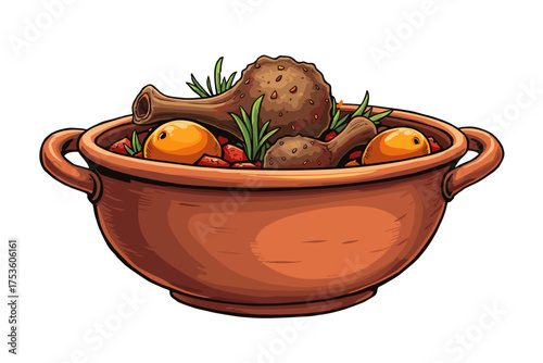 Mutton stew in a clay bowl on a transparent background representing hearty meals and traditional cuisine