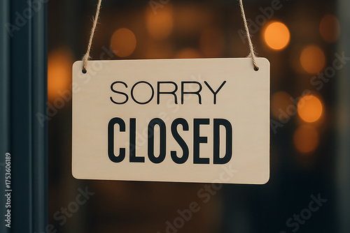 Wooden sorry closed signboard hanging at shop entrance door symbolizing business closure retail and hospitality notice