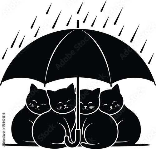 Four cute black kittens huddle together under a large black umbrella during a rain shower