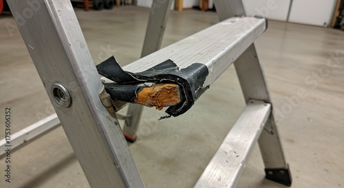 Close up of a metal ladder with broken parts and damage