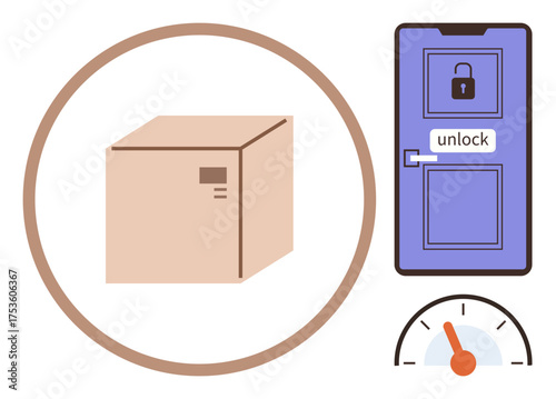 Cardboard box, closed door with unlock sign, and speedometer highlighting themes of security, delivery, efficiency, and accessibility. Ideal for logistics, e-commerce, packaging technology