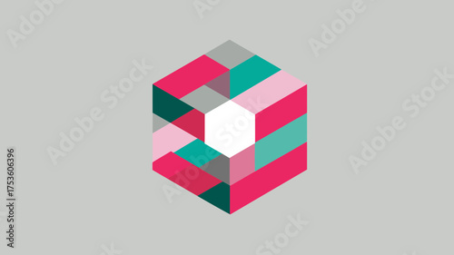 Abstract geometric cube design with colorful blocks in pink, teal, and grey. Modern isometric polygonal pattern on a neutral background.