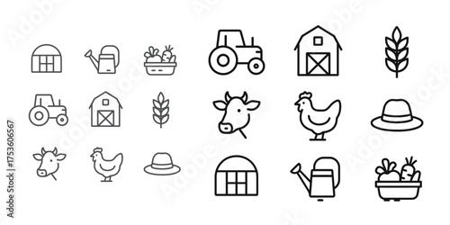 Minimalist farm icon set featuring barn, tractor, animals, and agriculture tools in linear style