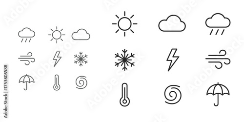 Minimalist linear weather icons set featuring sun, cloud, rain, and wind elements