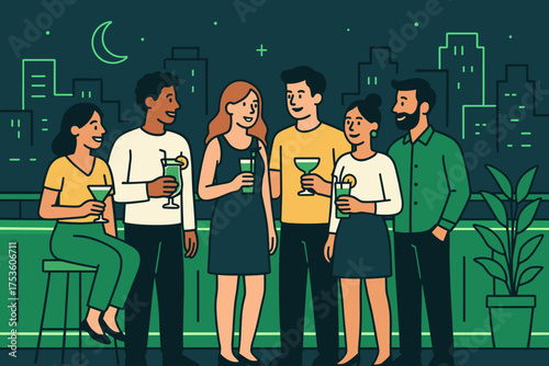 Nighttime gathering on rooftop with friends enjoying cocktails in urban setting