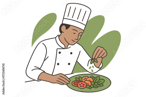 Chef garnishing a salad with fresh vegetables in a minimalistic style