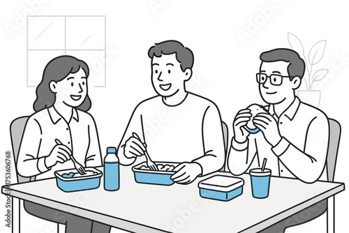 Group of colleagues enjoying lunch together at the office in a modern linear style