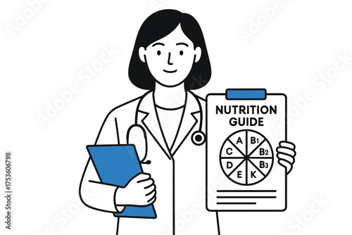 Flat style nutrition expert presenting dietary guide and vitamin chart