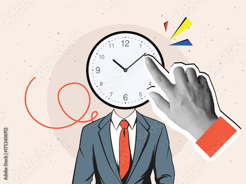 A hand moves the hands of a clock located in place of a businessman's head - a concept of time management and deadlines. Modern collage style. Vector illustration