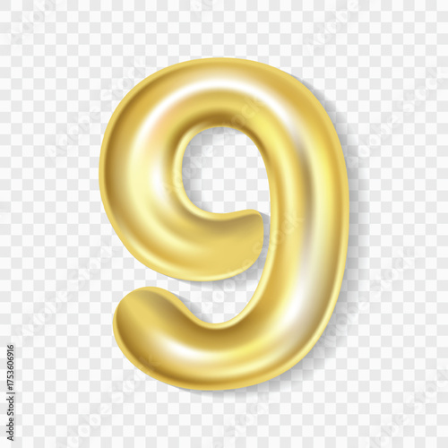 Editable realistic 3D illustration of gold balloon number 9. Gold balloon number 9 isolated. Vector Illustration of gold balloon number 9 on transparent background