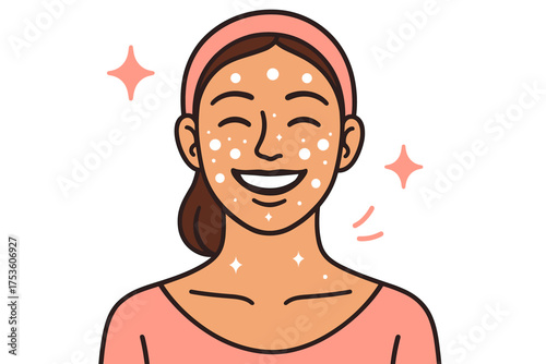 Smiling woman with skincare mask and radiant glow in cartoon style