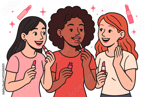 Group of diverse women enjoying makeup together with lipstick