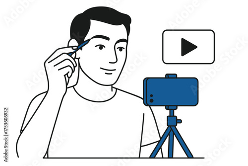 Man filming eyebrow tutorial with smartphone on tripod in minimalist style