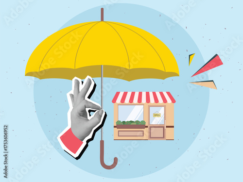 Black and white hand holding an umbrella above a small shop or cafe building. Modern collage style. Vector illustration