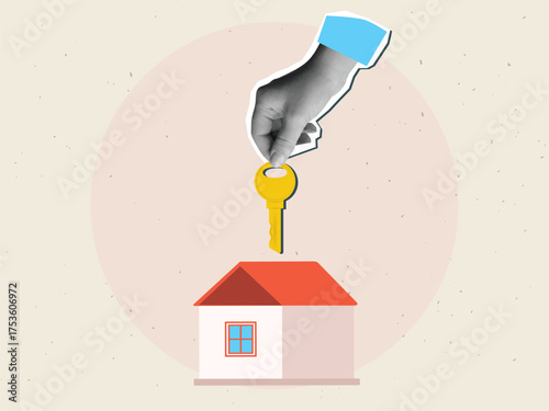 Black and white hand holding a key from house.  Modern collage style. Vector illustration