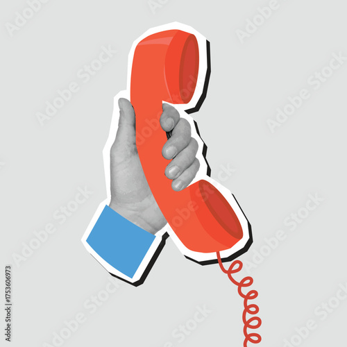 A black and white hand holding a vintage telephone receiver. Old handset - collage element. Vector illustration