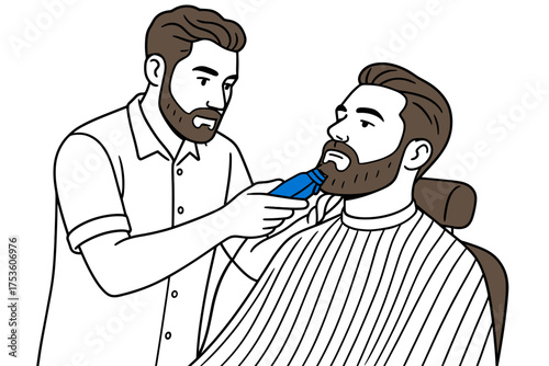 Barber trimming beard in modern line art style for grooming concept