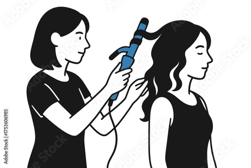 Hair stylist curling hair with iron, beauty salon scene in black and white