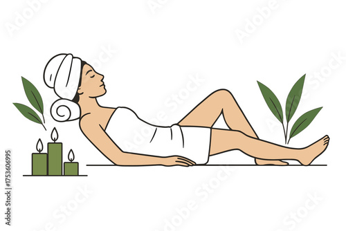 Relaxed woman at spa with candles and plants for wellness and tranquility