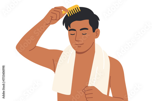 Man grooming hair with comb and towel: daily routine in simple style